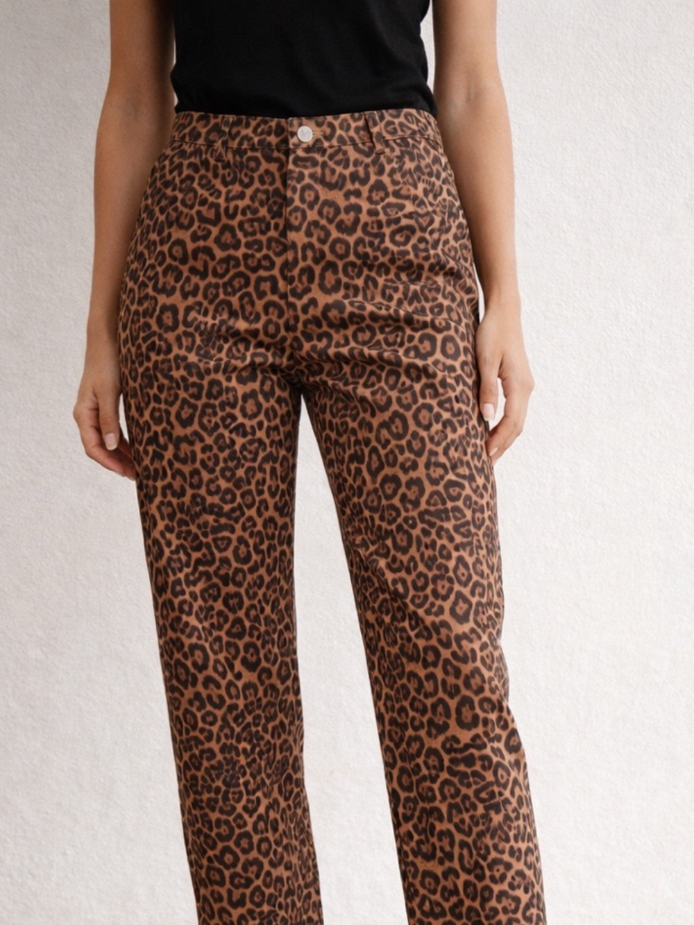 Noisy May Leopard Print Pants High Rise Straight Leg Brown Animal Print Trousers
